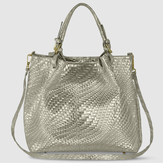 Grid Metallic Suede Leather Top-Handle Bag