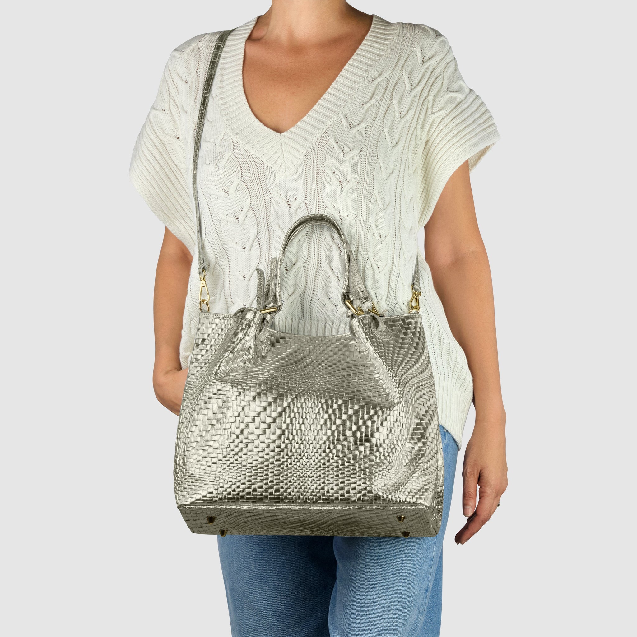 Grid Metallic Suede Leather Top-Handle Bag