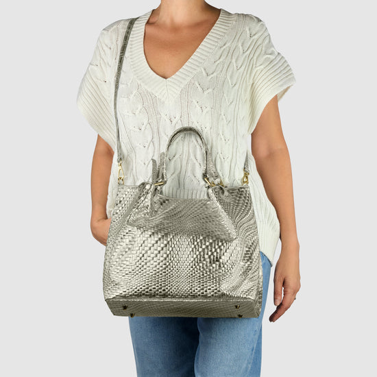 Grid Metallic Suede Leather Top-Handle Bag