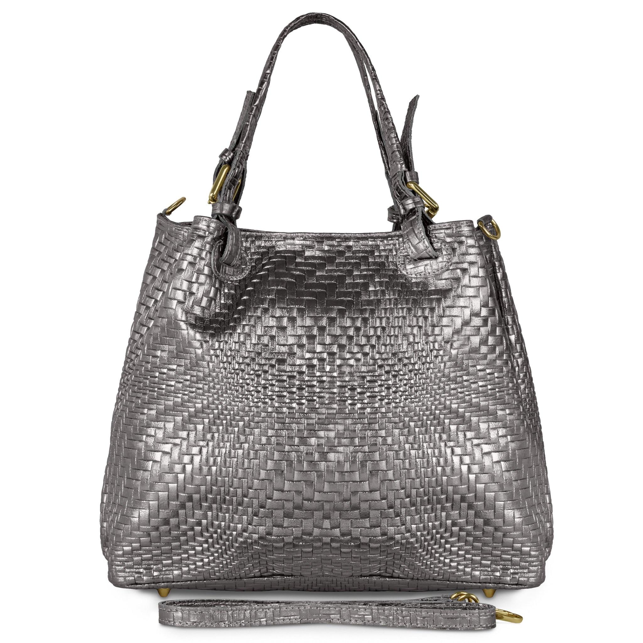 Grid Metallic Suede Leather Top-Handle Bag