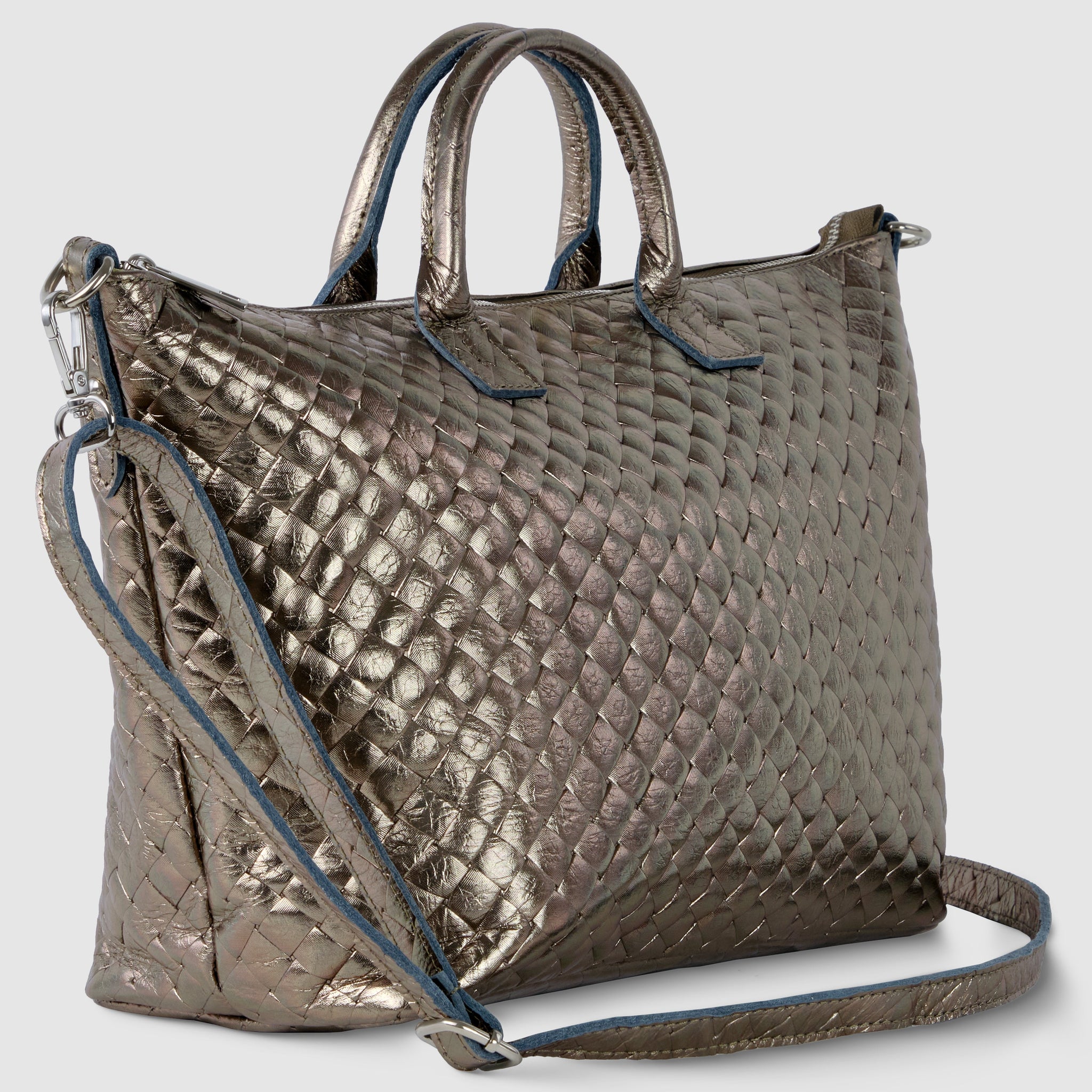 Italian Genuine Weave Metallic Suede Top-Handle Bag 112334