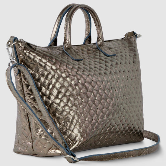 Italian Genuine Weave Metallic Suede Top-Handle Bag 112334