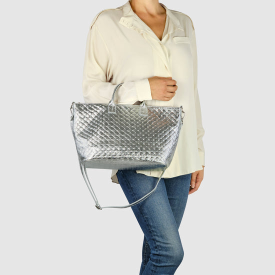 Italian Genuine Weave Metallic Suede Top-Handle Bag 112334