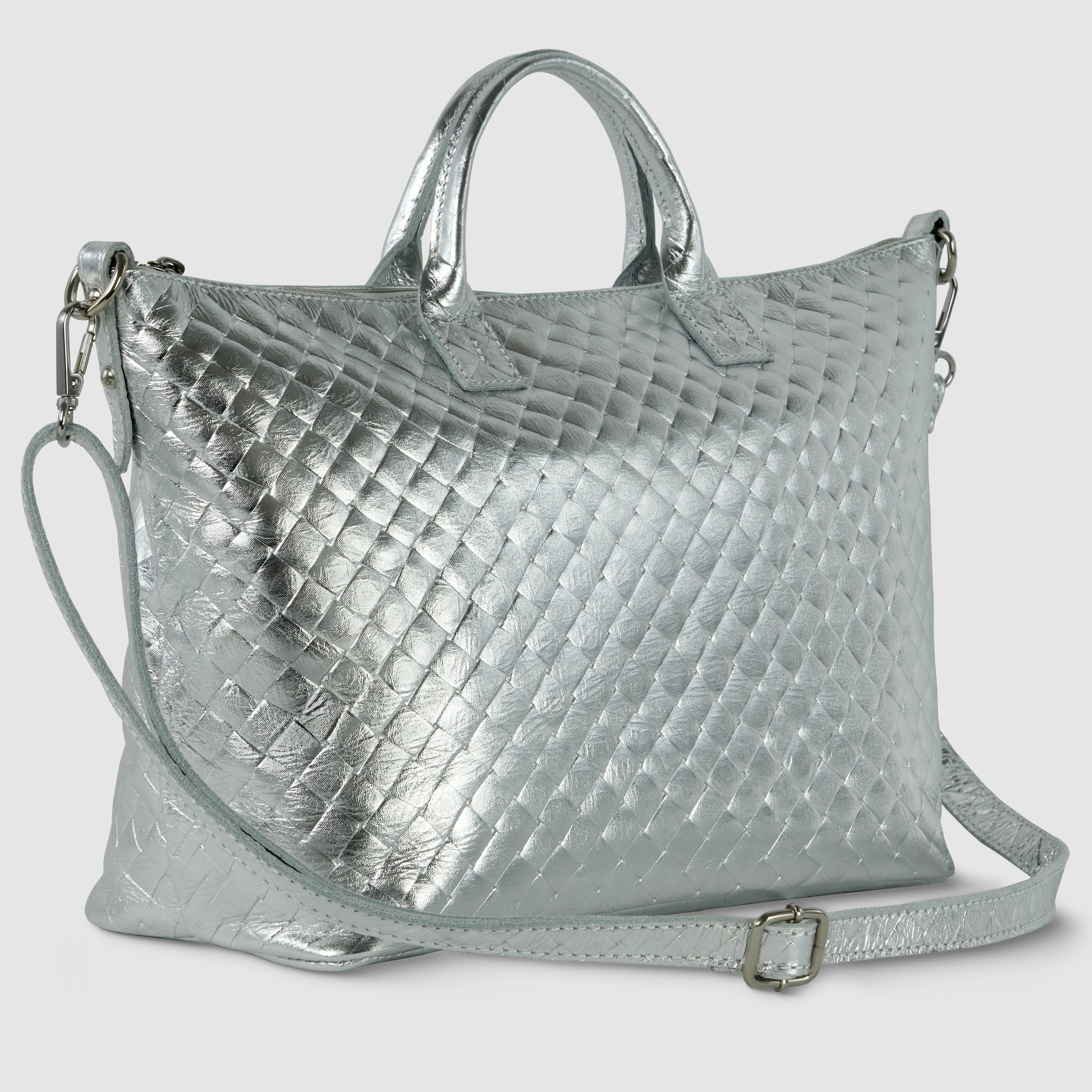 Italian Genuine Weave Metallic Suede Top-Handle Bag 112334