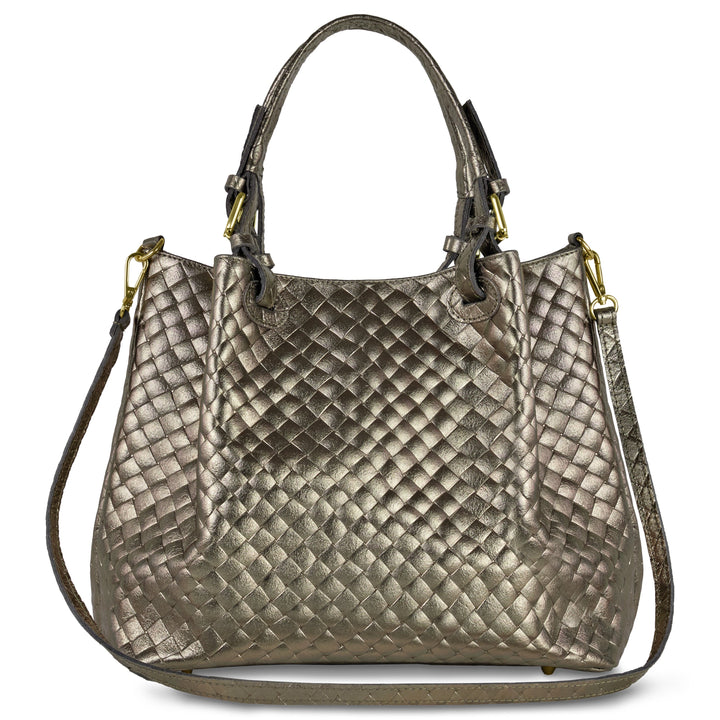 Weave Metallic Suede Leather Top-Handle Bag